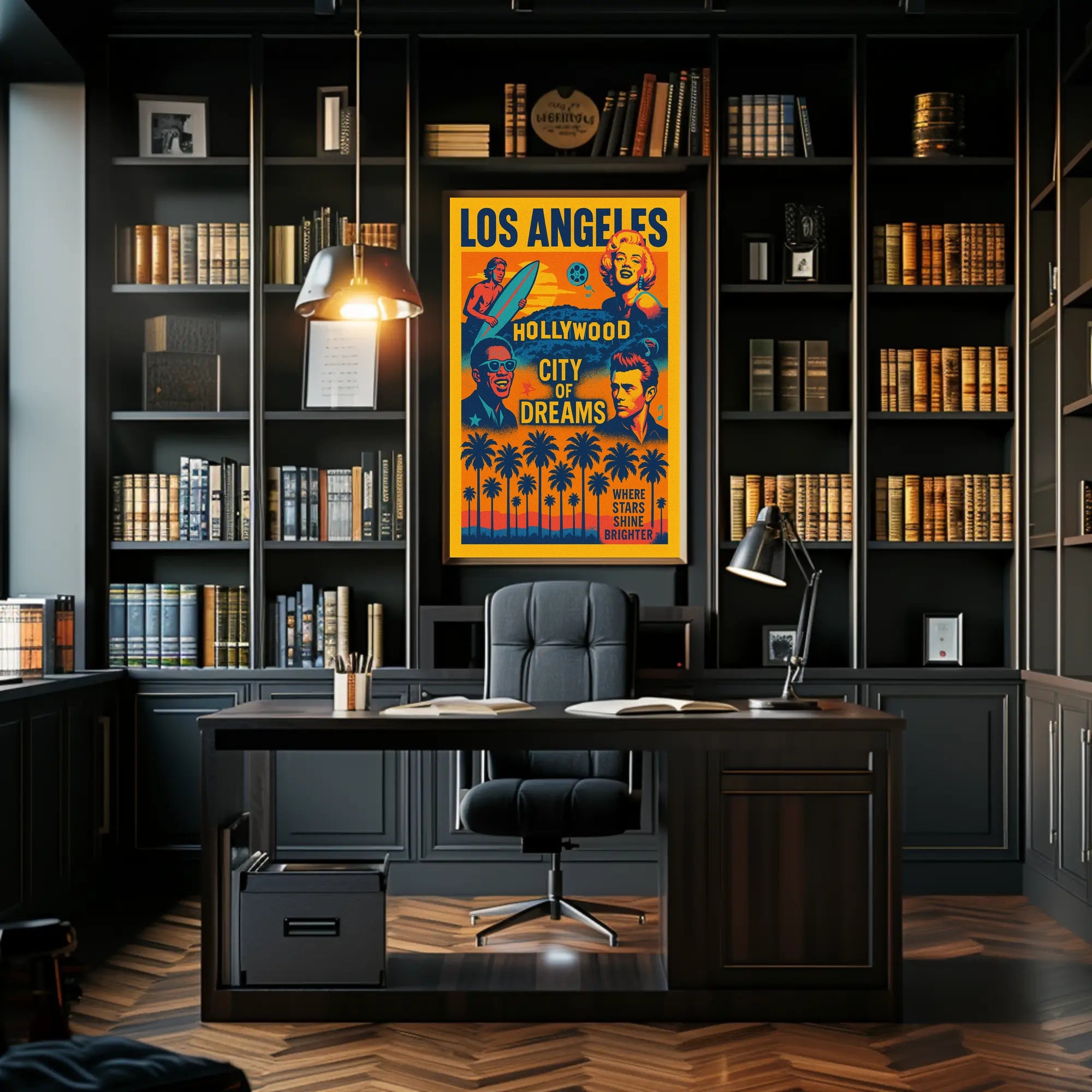 The poster is a vibrant tribute to Los Angeles, specifically highlighting Hollywood as Travel Poster
