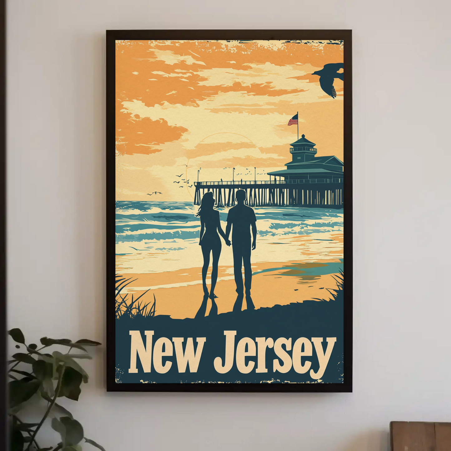 New Jersey Beach Couple Vintage Poster