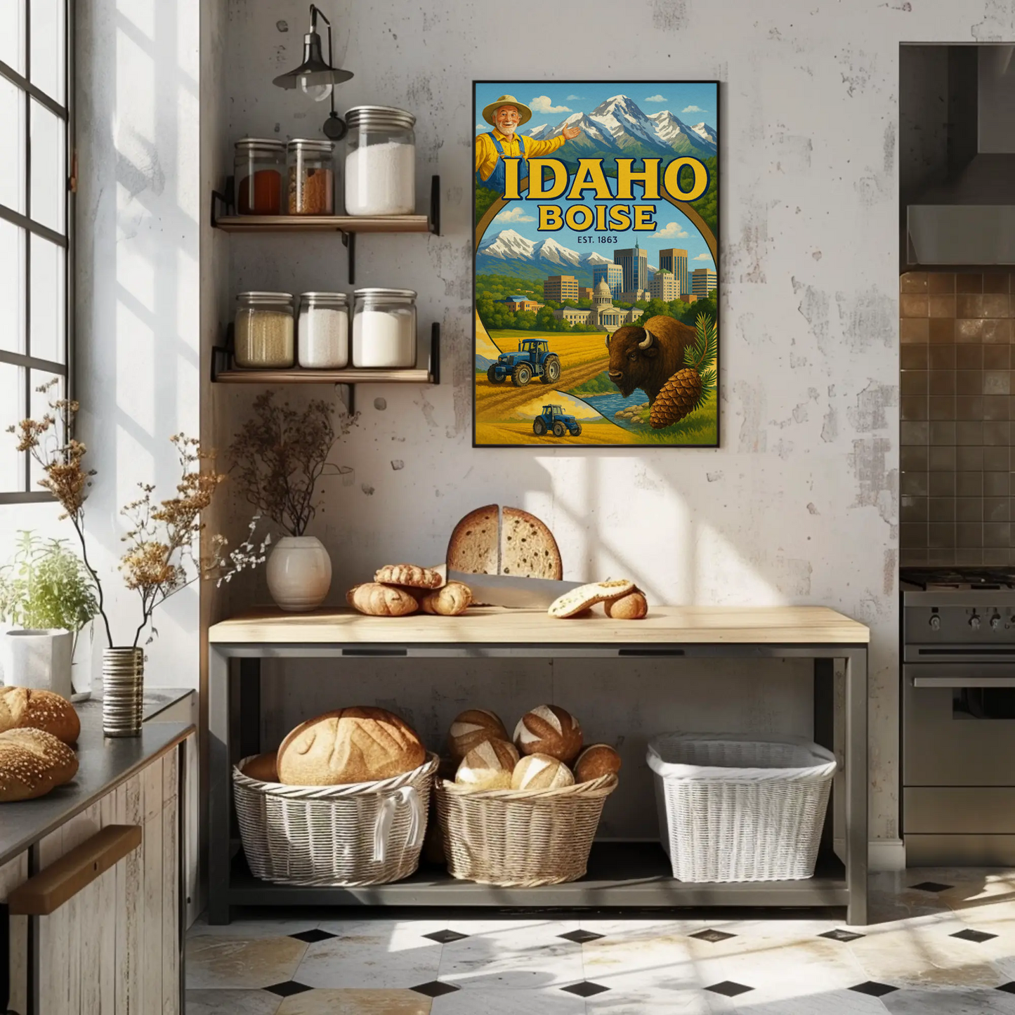 Boise Idaho Cityscape Buffalo Mountain Farm Travel Poster