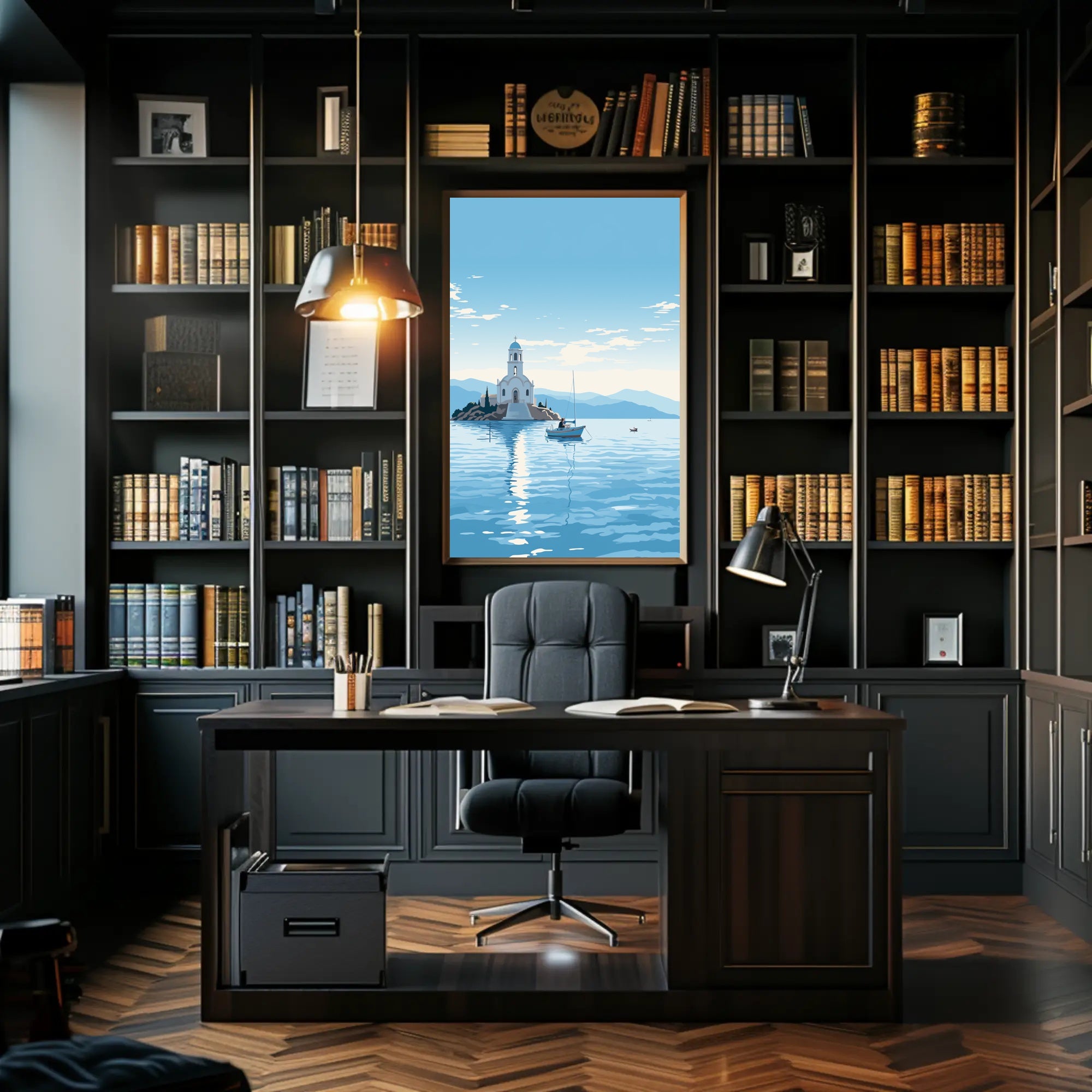 Serene Greek Coastal Church Travel Poster