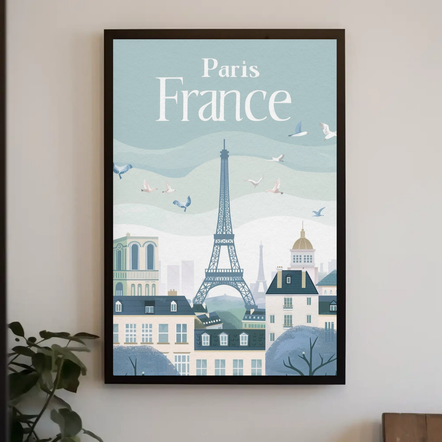 Paris France Vintage Poster - Eiffel Tower & Birds