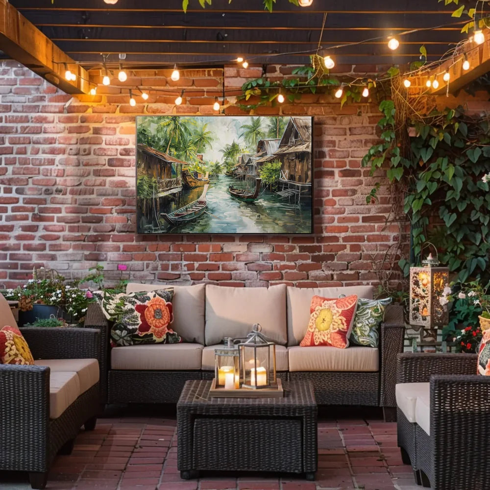 Serene Asian Floating Village Impressionistic Art Poster