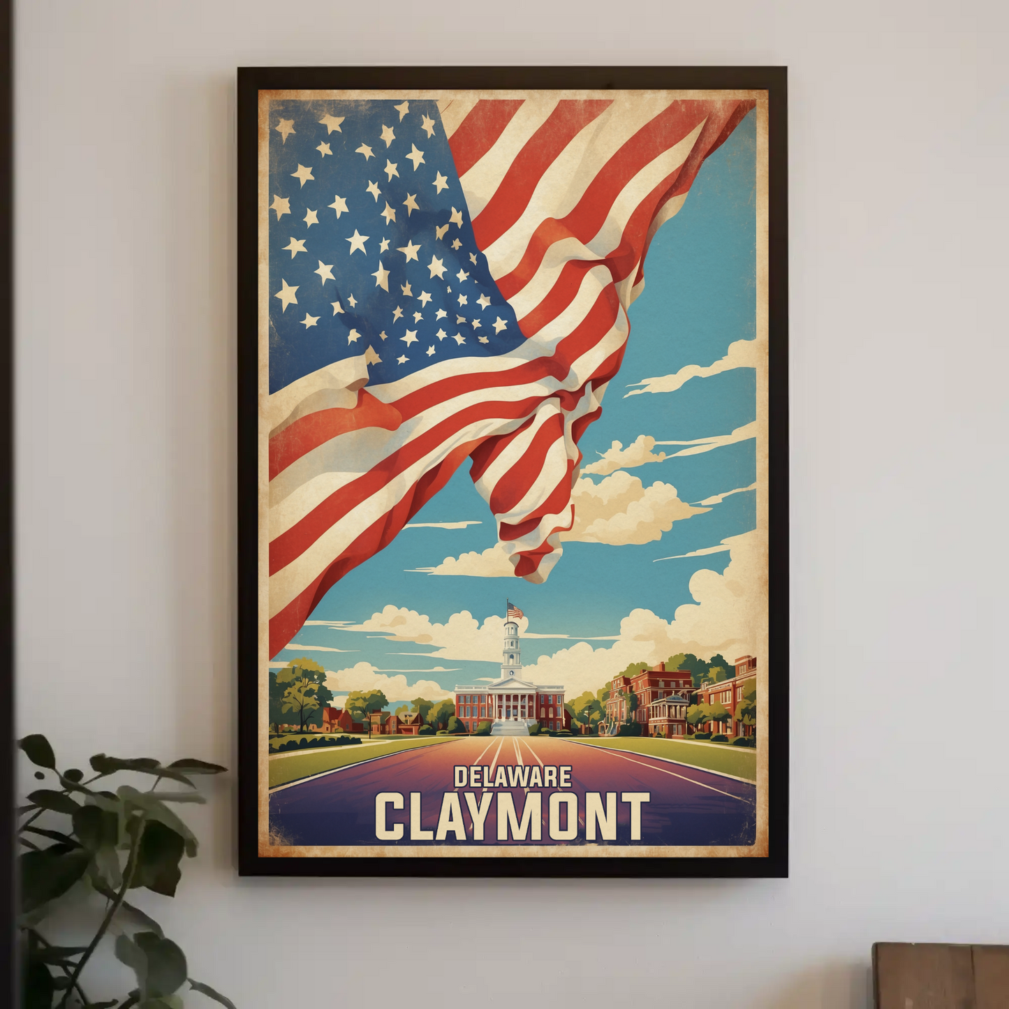 Claymont Delaware Flag Historic Town Hall Vintage Travel Poster