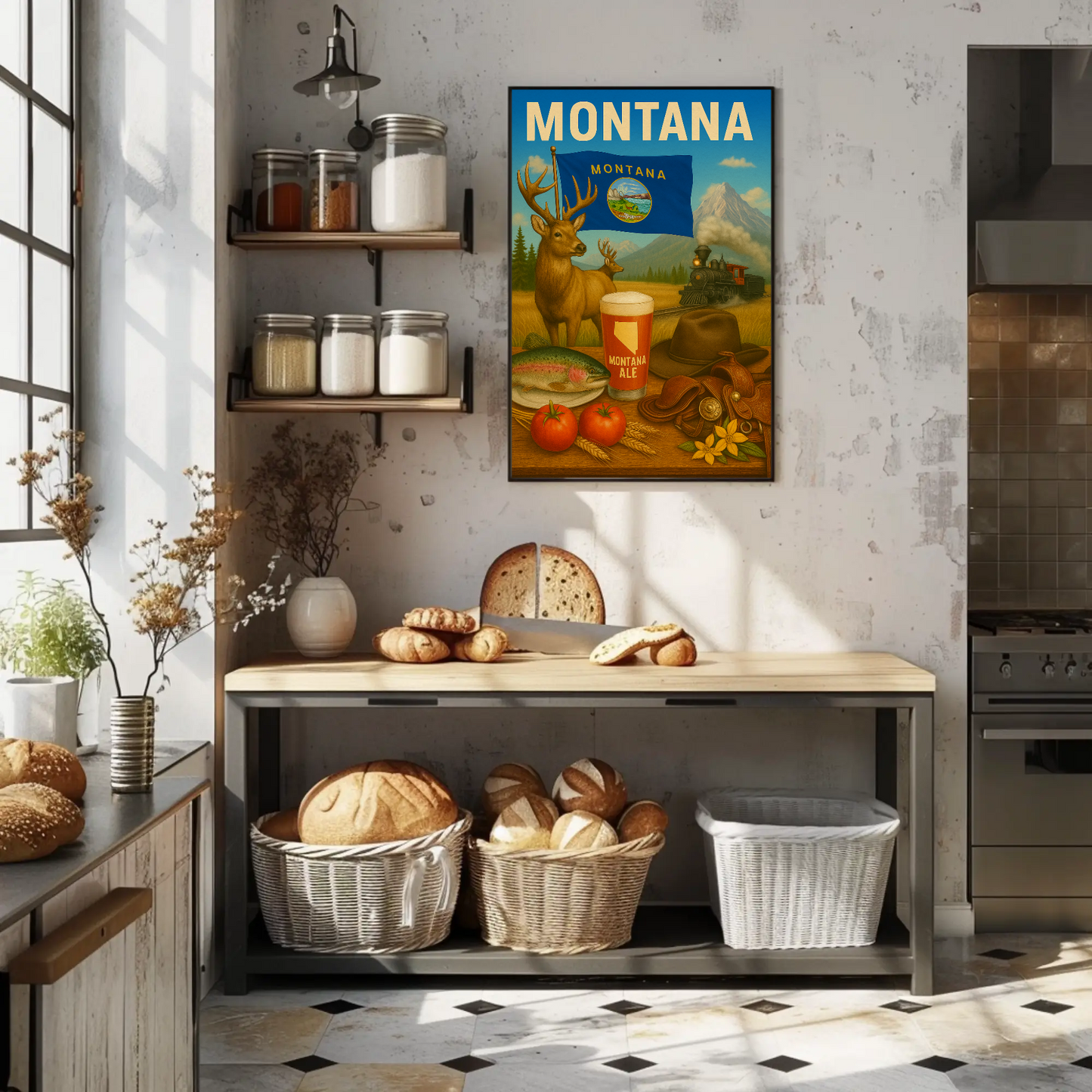 Montana Ale Elk Train Tomato Trout Hat Travel Poster