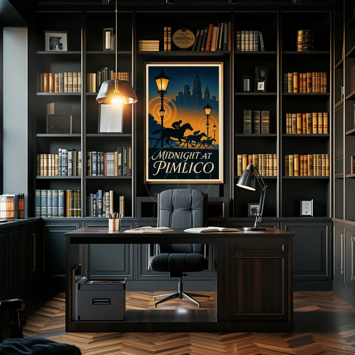 Midnight Horse Racing Action at Art Deco Skyline Sports Poster