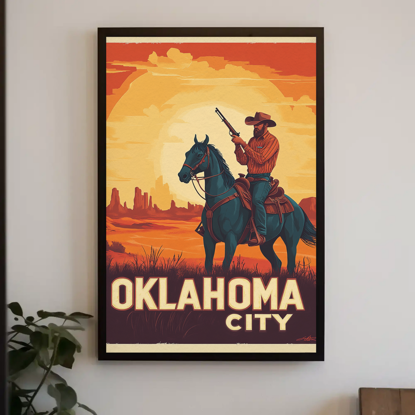 Oklahoma City Vintage Poster - Cowboy Sunset