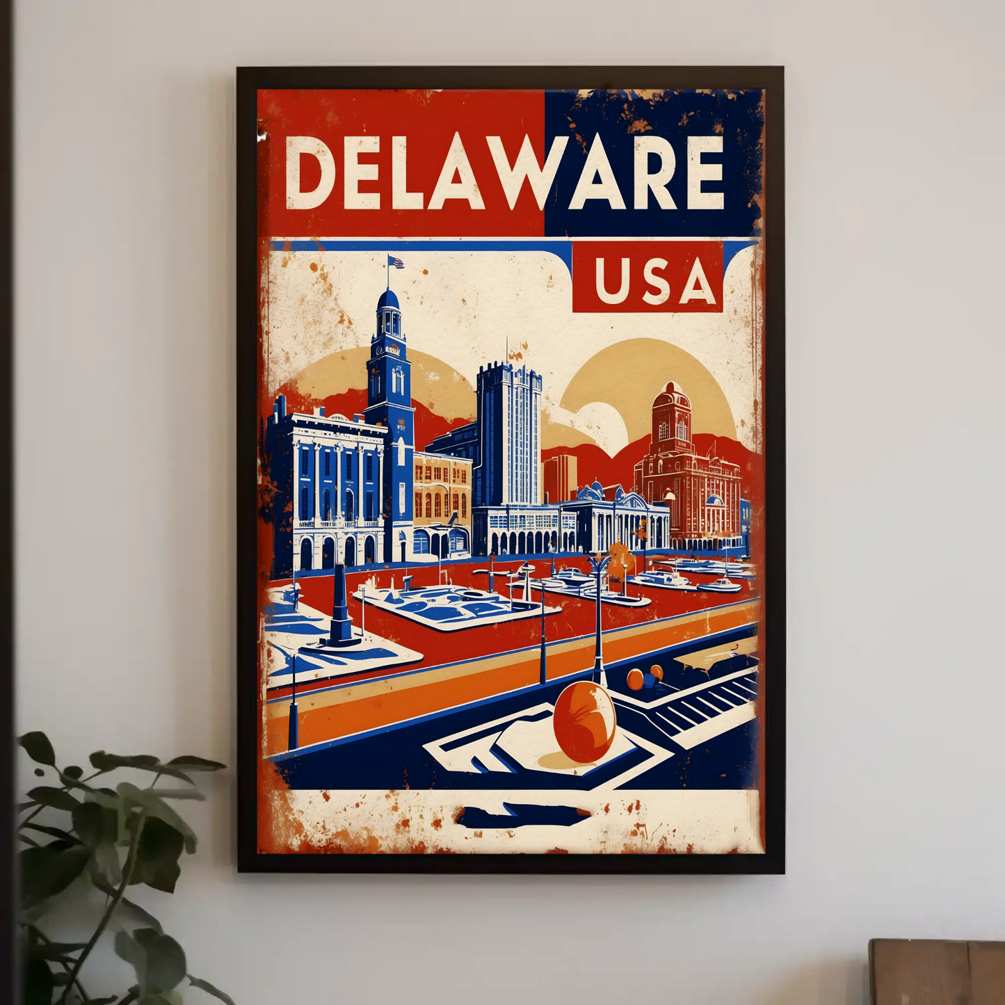 Delaware Waterfront Skyline Retro USA Vintage Maroon Travel Poster