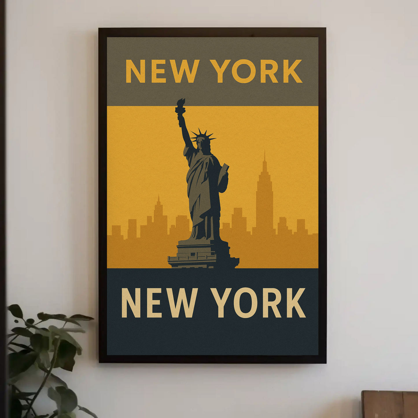 New York City Statue Skyline Yellow Vintage Travel Poster