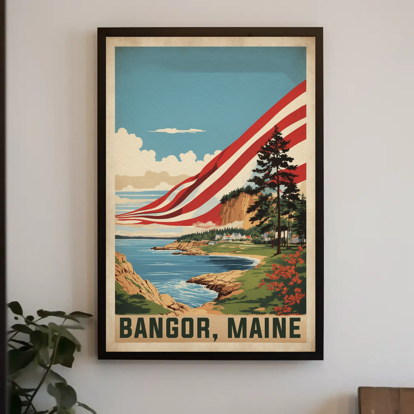 Bangor Maine Coastal Cliffside Vintage Travel Poster