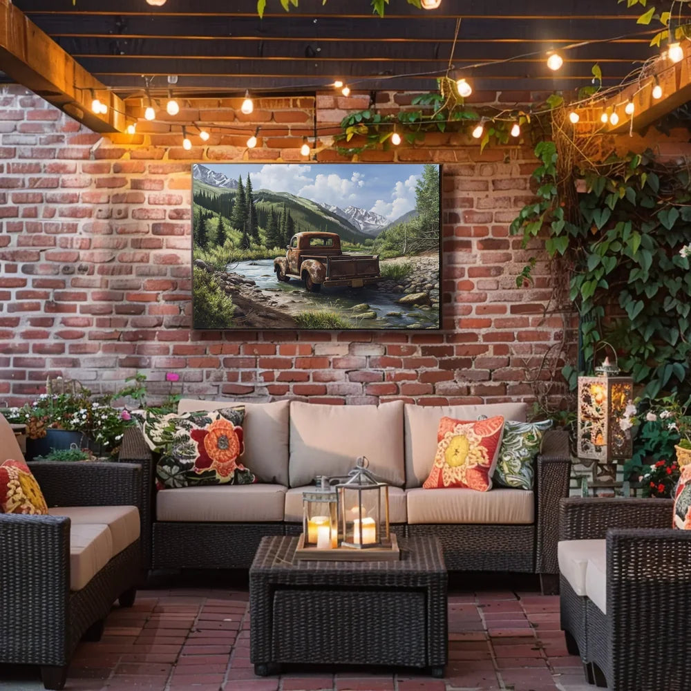 Vintage Truck in Serene Mountain Landscape Poster