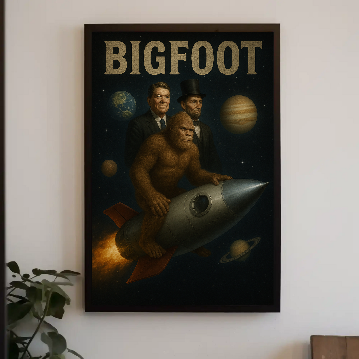 Vintage Poster Bigfoot Reagan Lincoln Rocket Ship