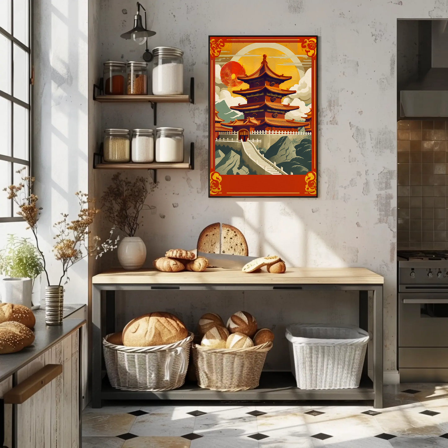 China Pagoda Sunset Clouds Fortress Peaks Travel Poster