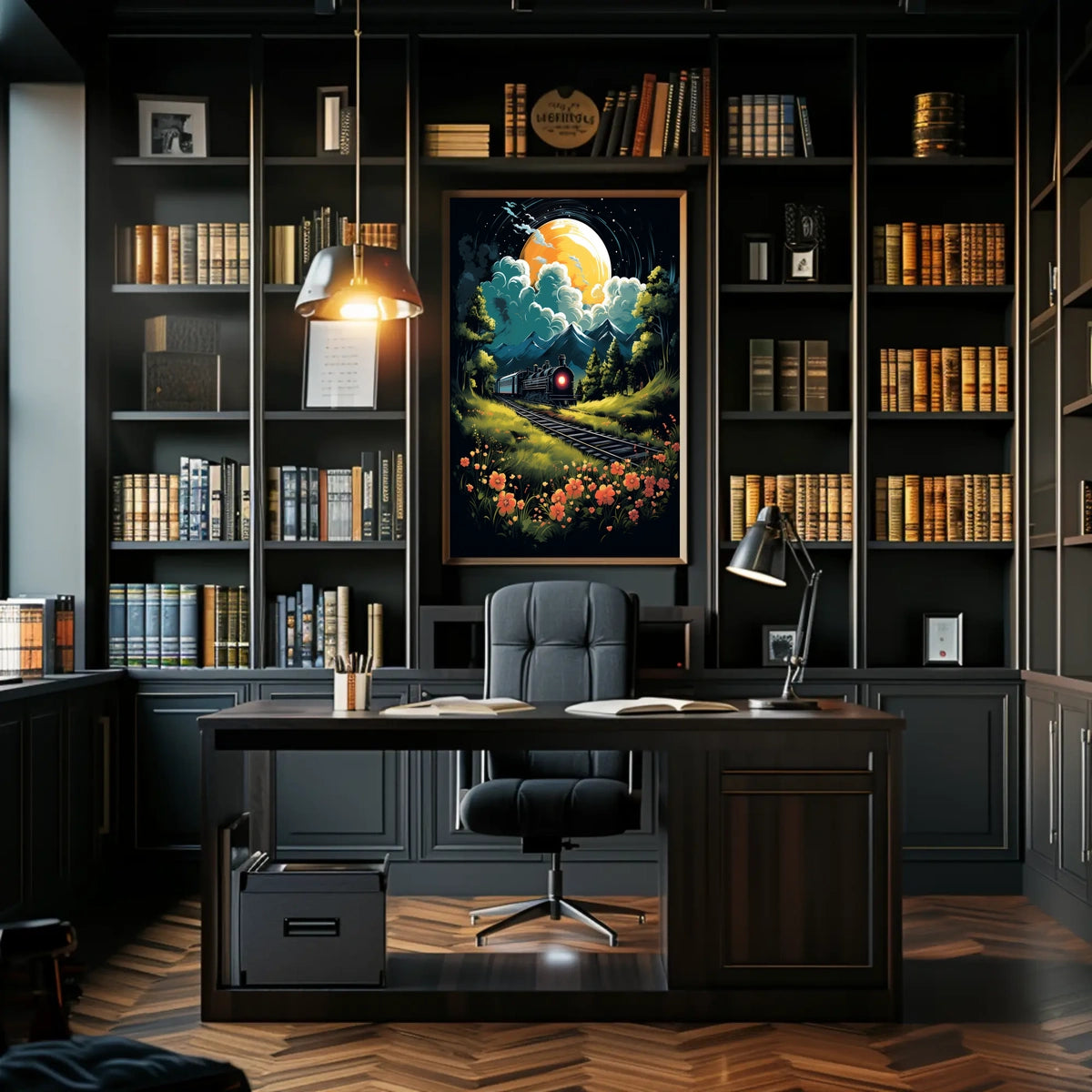 Moonlit Journey Vintage Train Surrealism Floral Meadow Night Travel Nostalgic Romance Poster