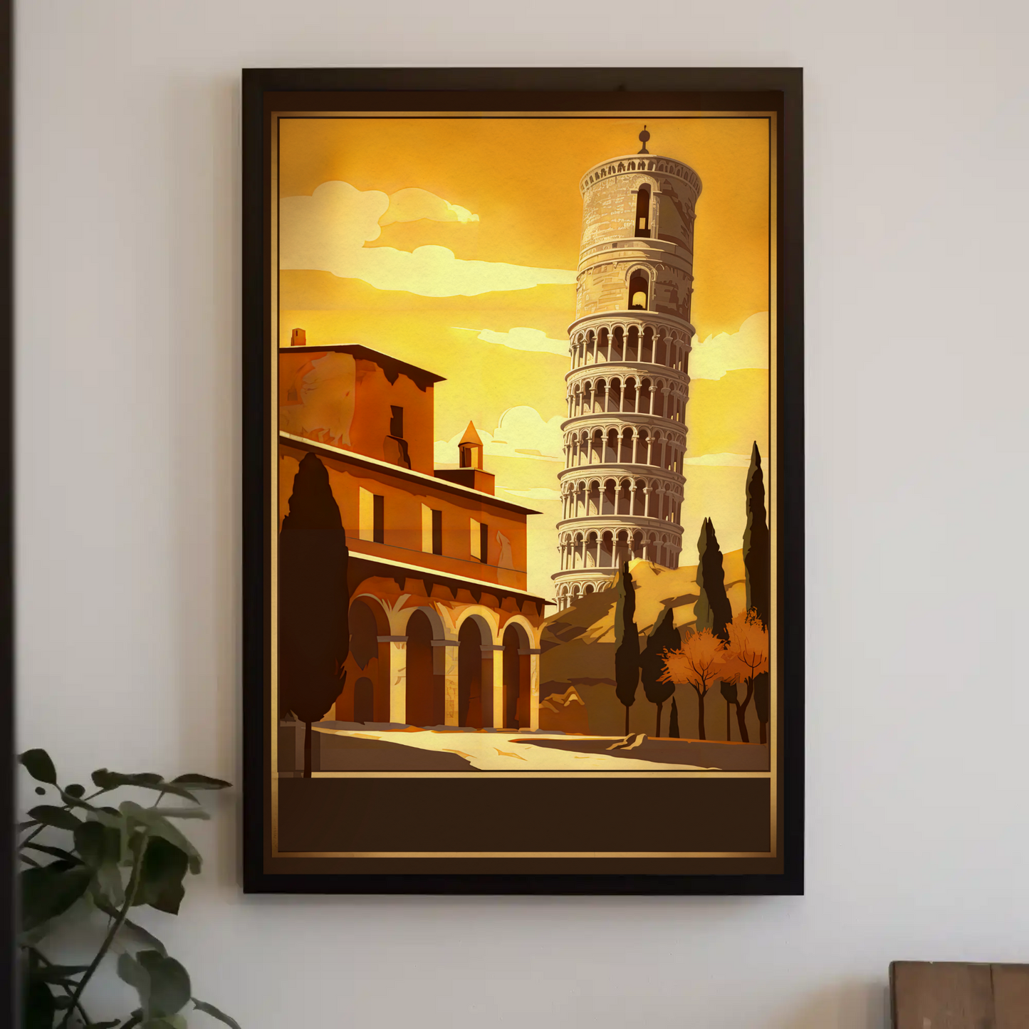 Italy Pisa Leaning Tower Sunset Sky Vintage Travel Poster