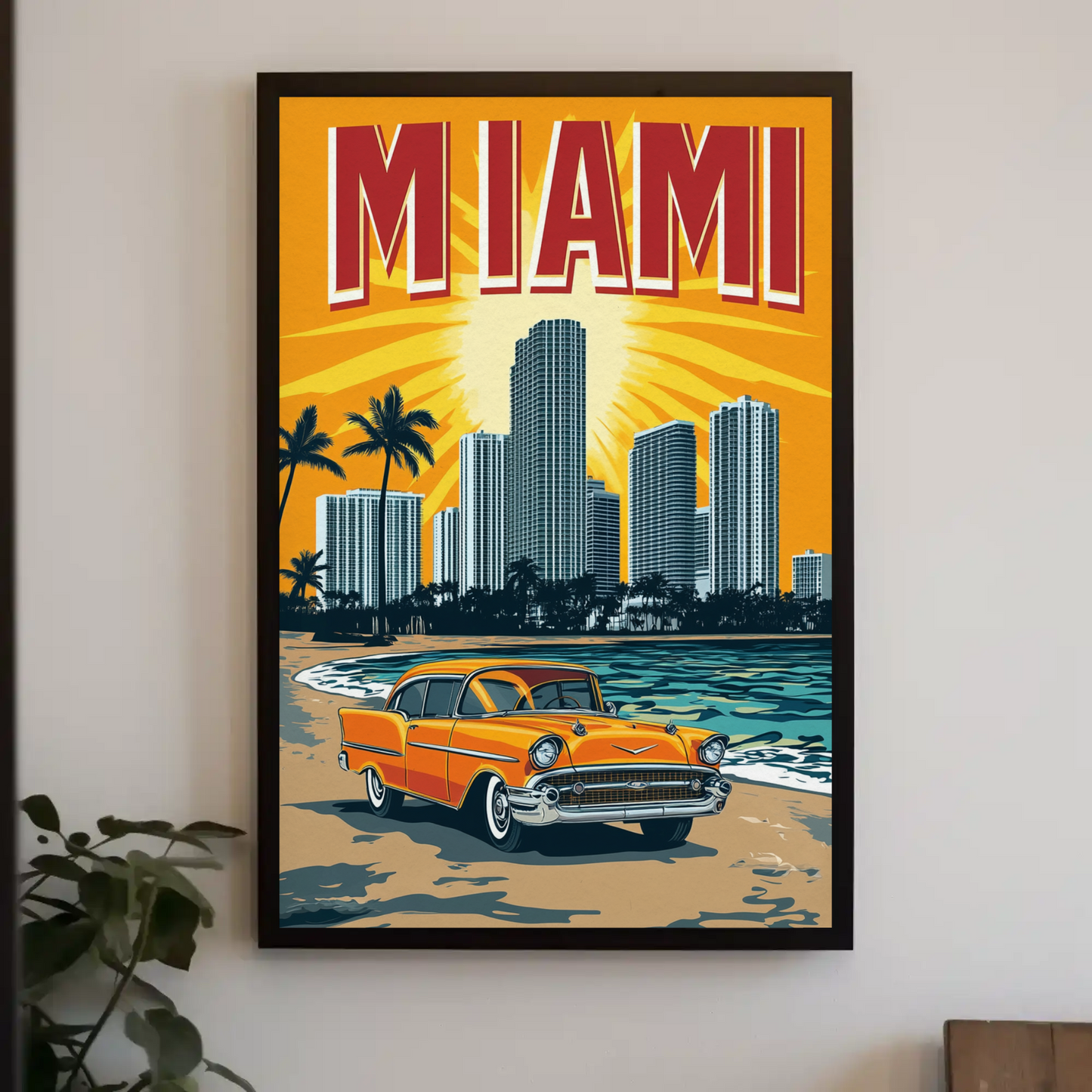 Miami Vintage Poster - Classic Car & Beach
