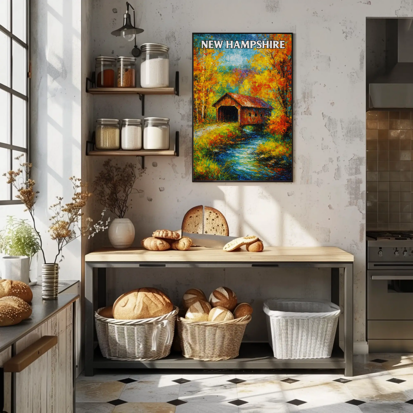 New Hampshire Autumn Covered Bridge Stream Poster Poster
