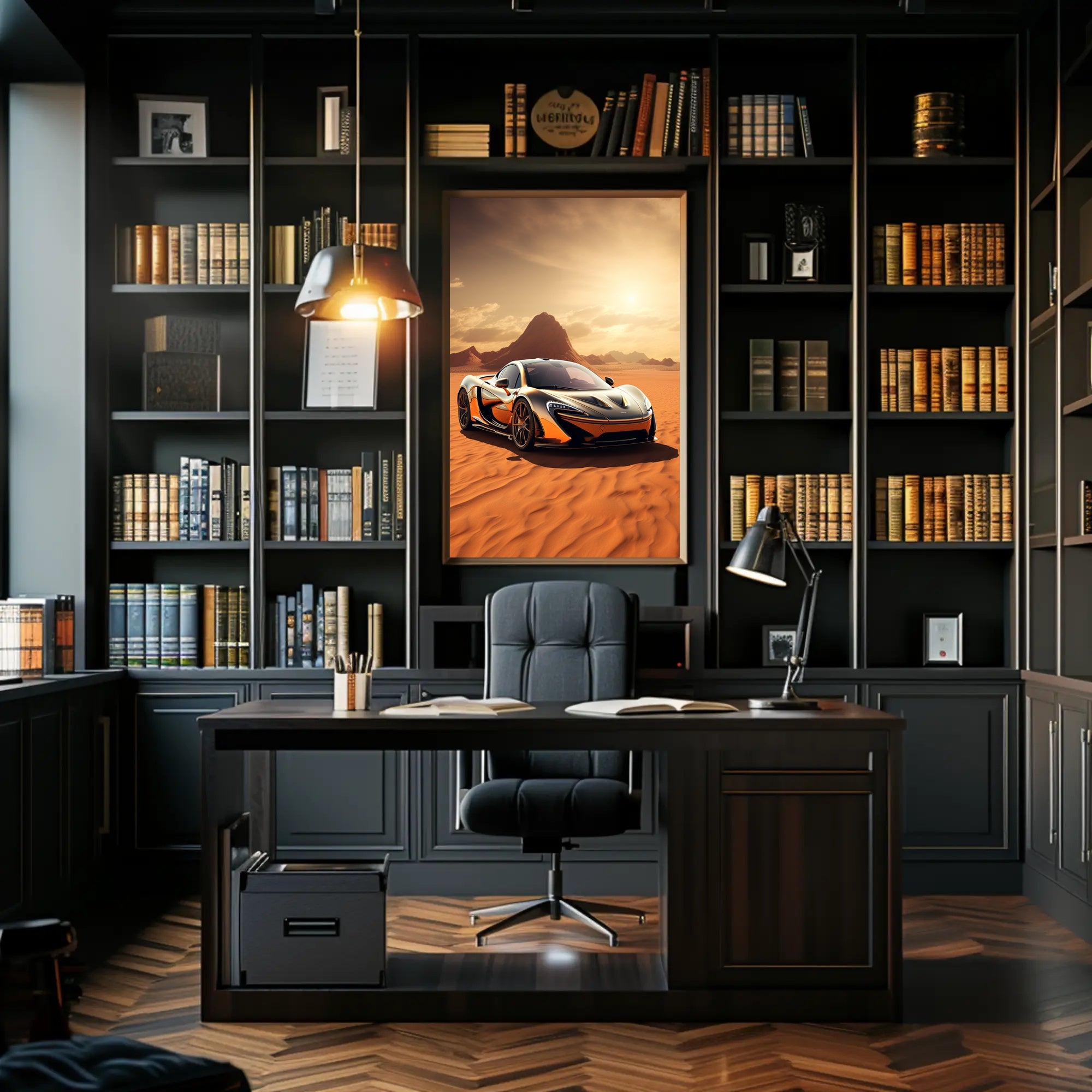 Sleek Supercar in the Desert Poster PosterGoat