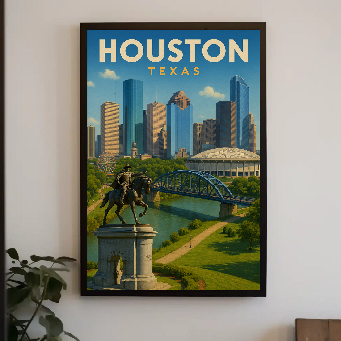 Houston Texas Skyline River Monument Vintage Travel Poster