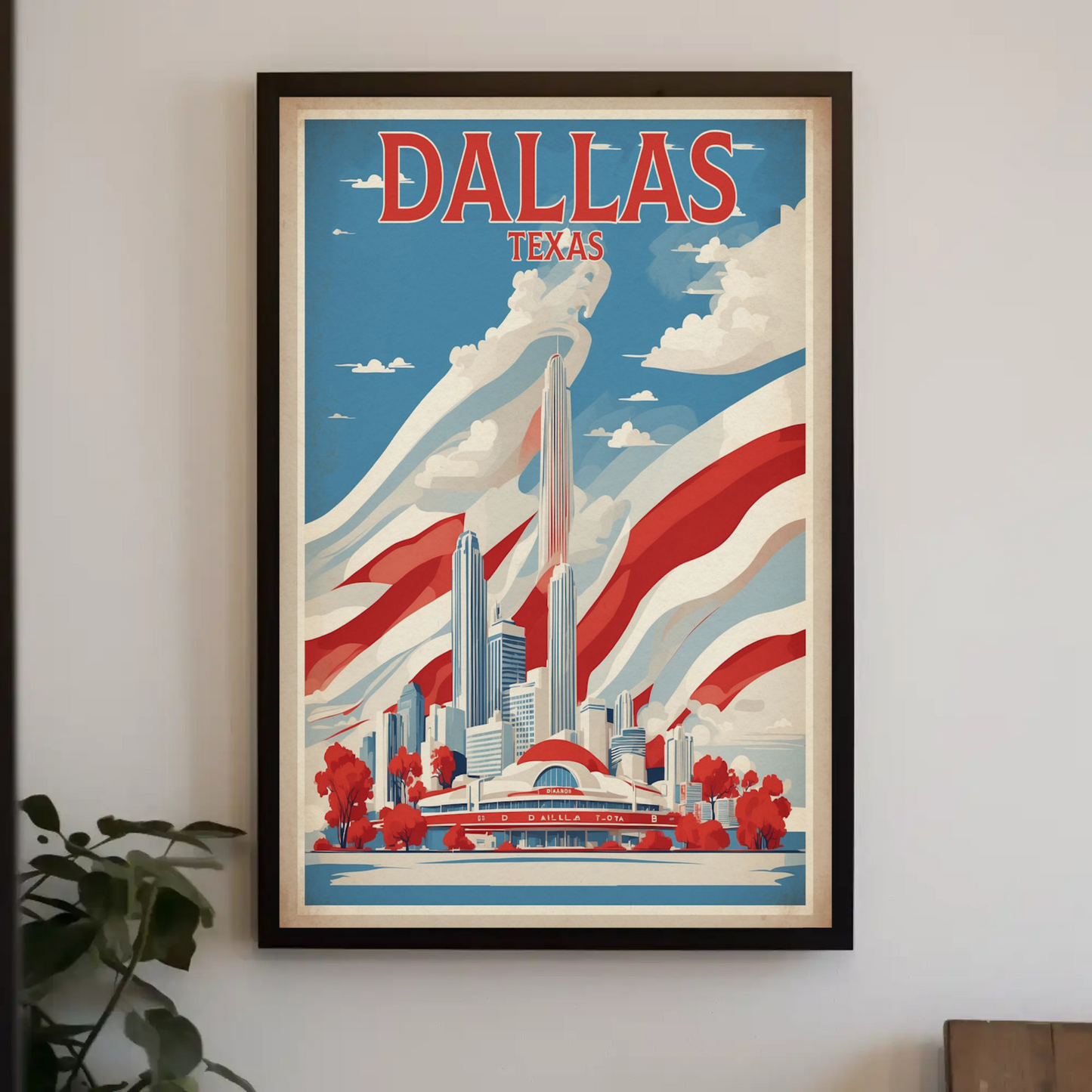 Dallas Texas Skyline Red White Blue Vintage Travel Poster