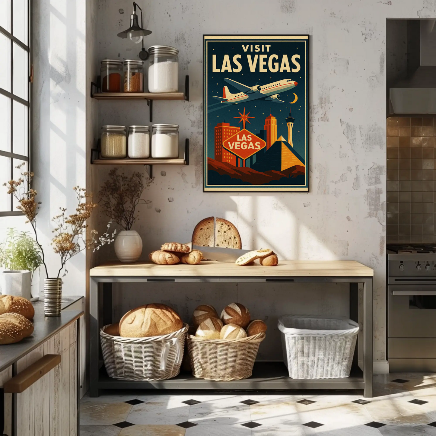 Visit Las Vegas Stylized Airliner Night Neon Glow Travel Poster