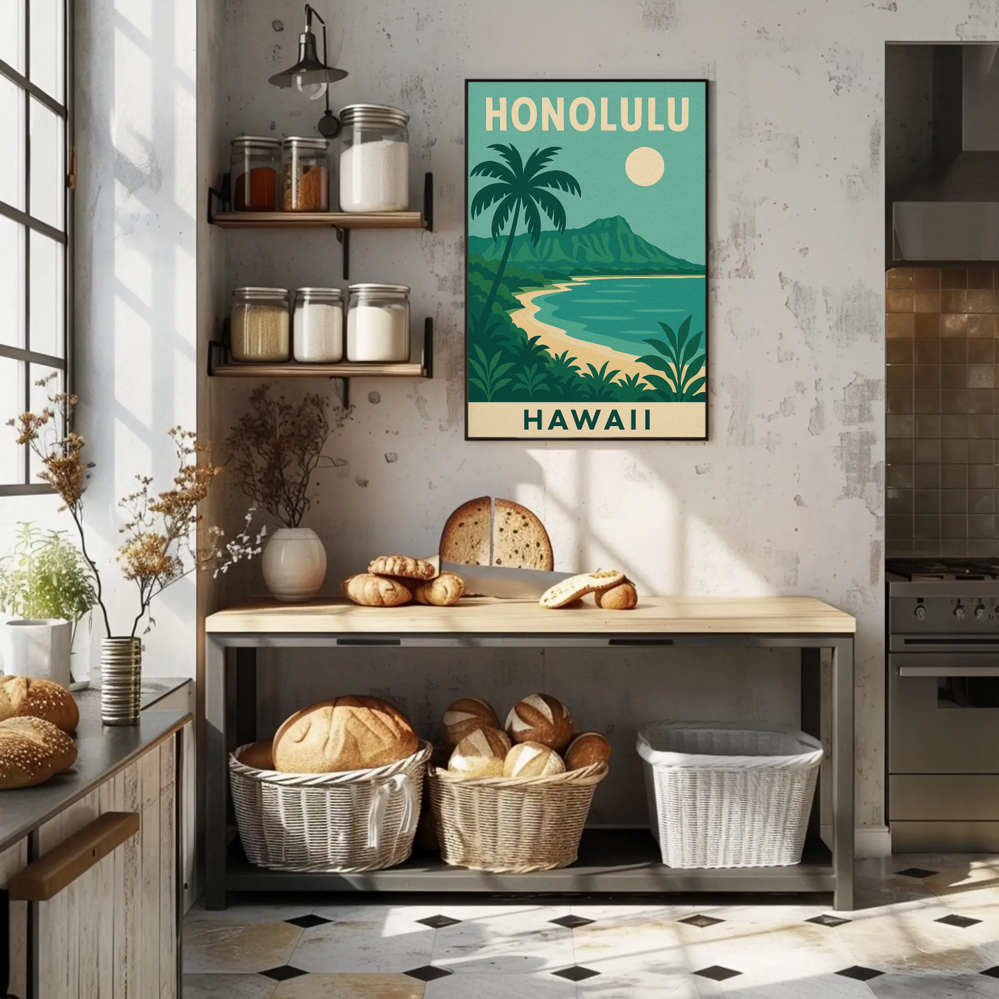Honolulu Hawaii Beach Palm Trees Coastline Travel Poster