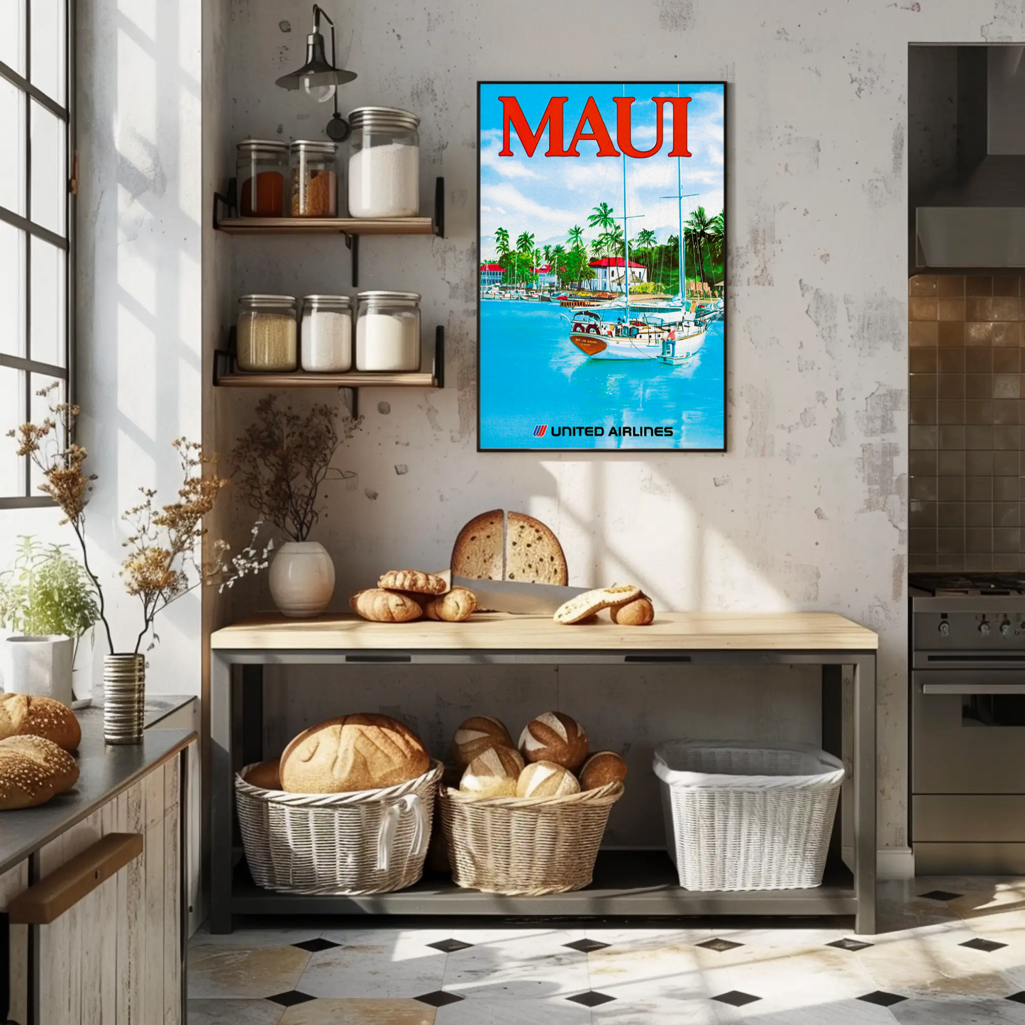 Maui Hawaii Harbor Sailboats Airlines Travel Poster