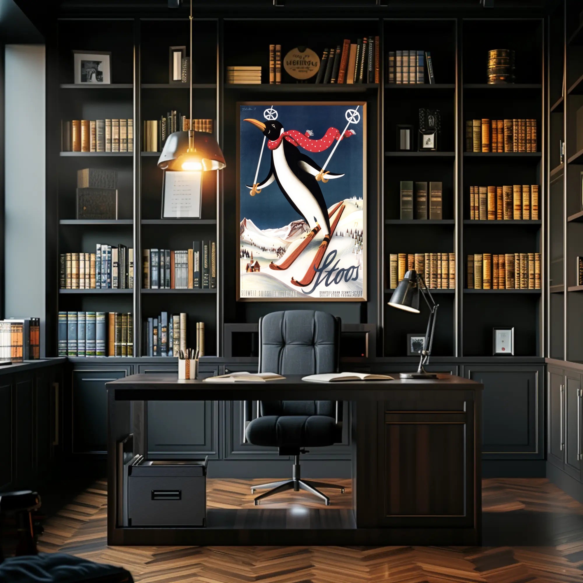 Whimsical Penguin Ski Adventure Travel Poster PosterGoat