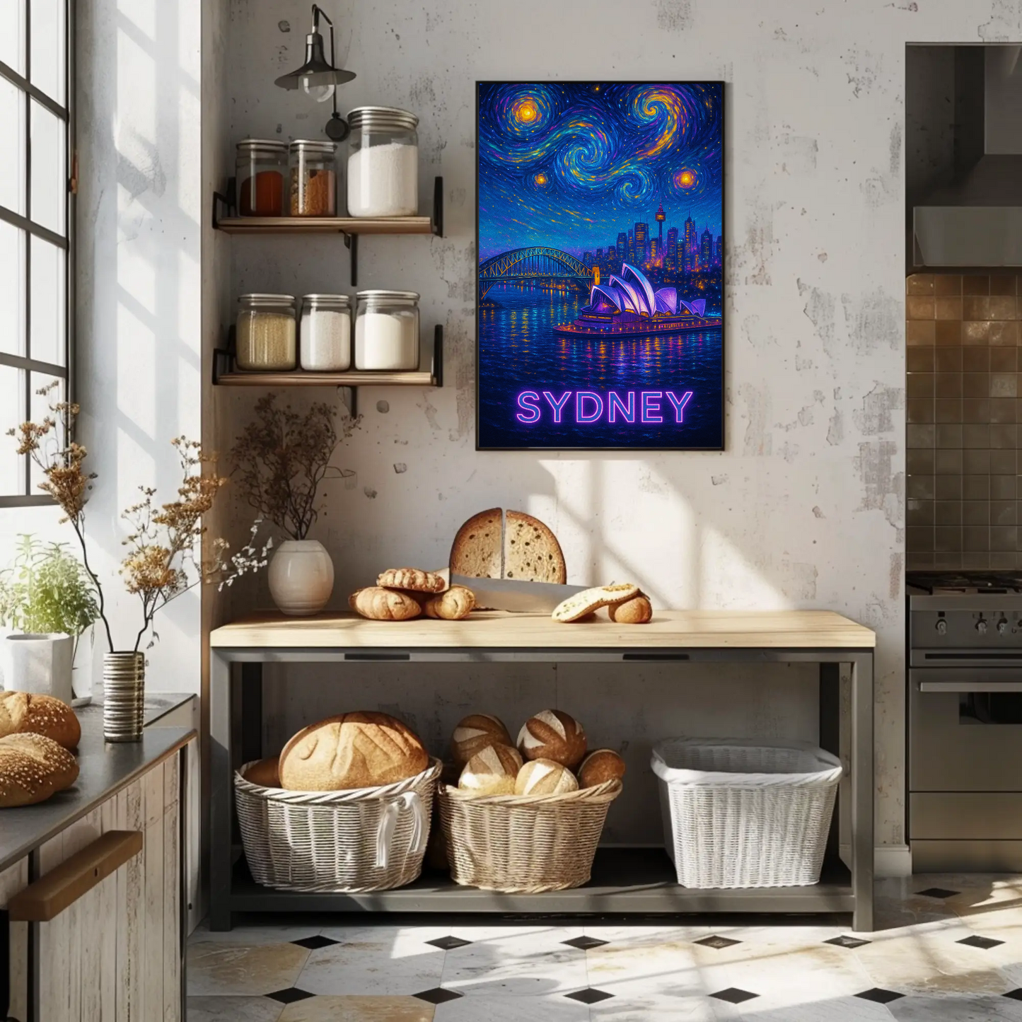 Sydney Harbor Opera House Neon Starry Night Travel Poster