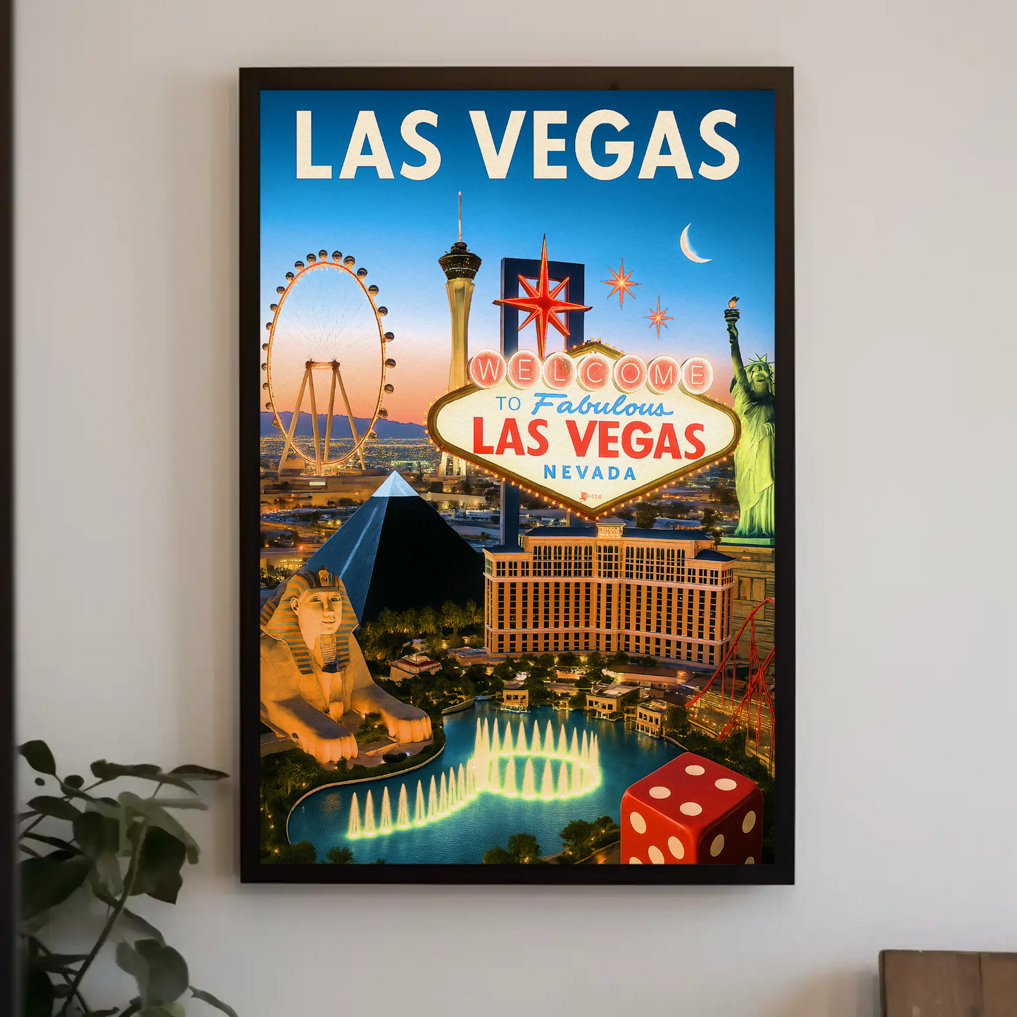 Las Vegas Iconic Landmarks Night Lights Vintage Travel Poster