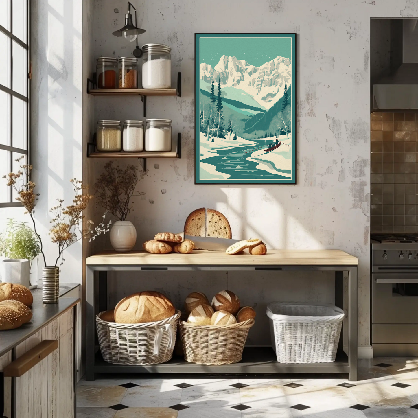 Snowy Alpine Mountain Rowboat Scene Travel Poster