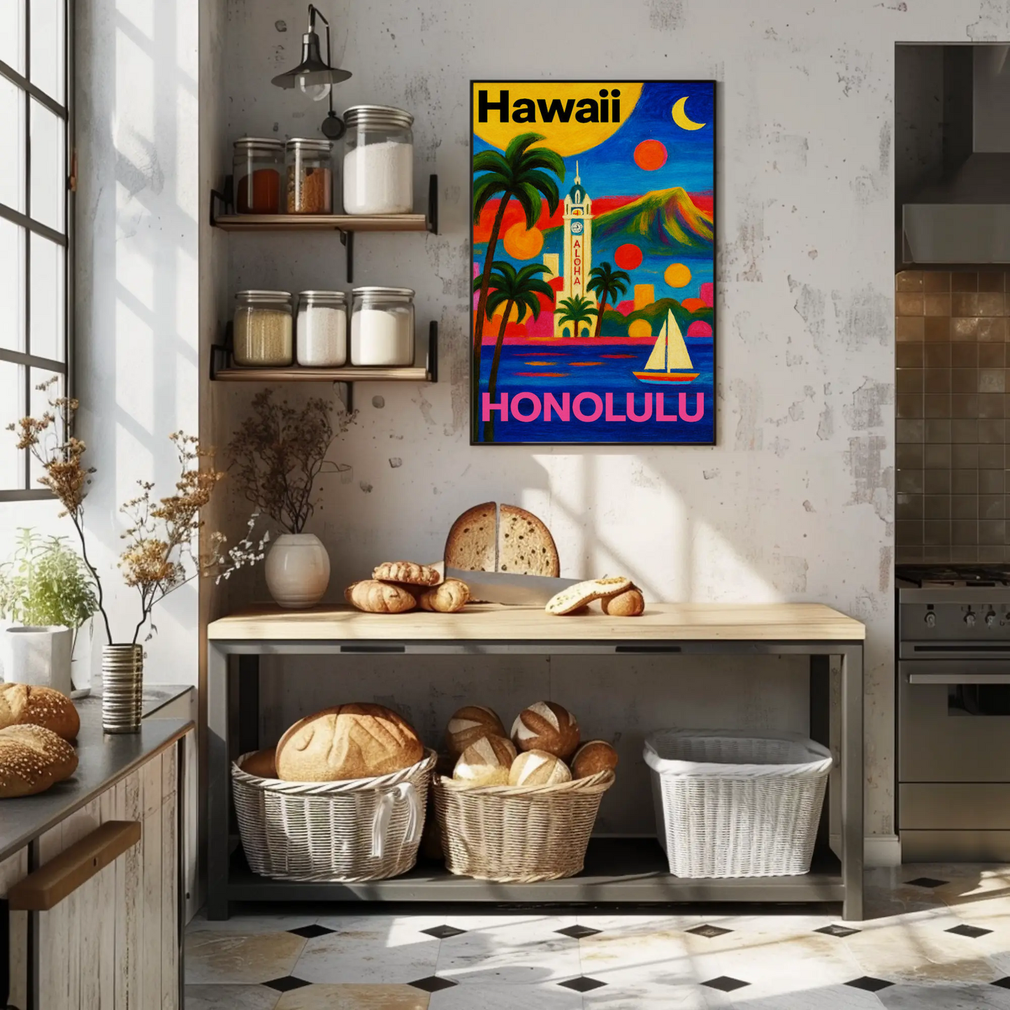Honolulu Hawaii Tower View With Sunset Colors Travel Poster