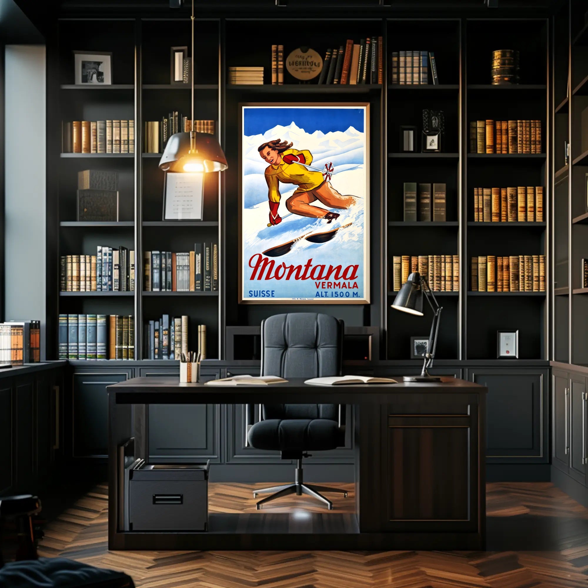 Skiing in Montana, Switzerland Poster PosterGoat