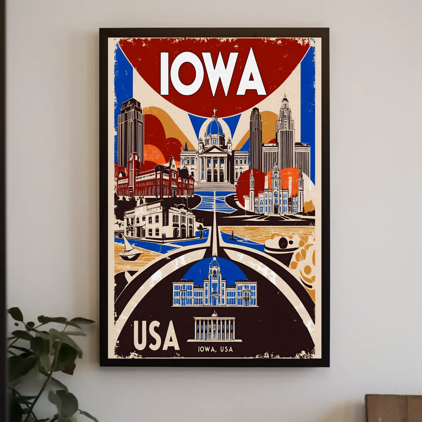 Iowa USA Civic Dome And Skyline Vintage Maroon Travel Poster