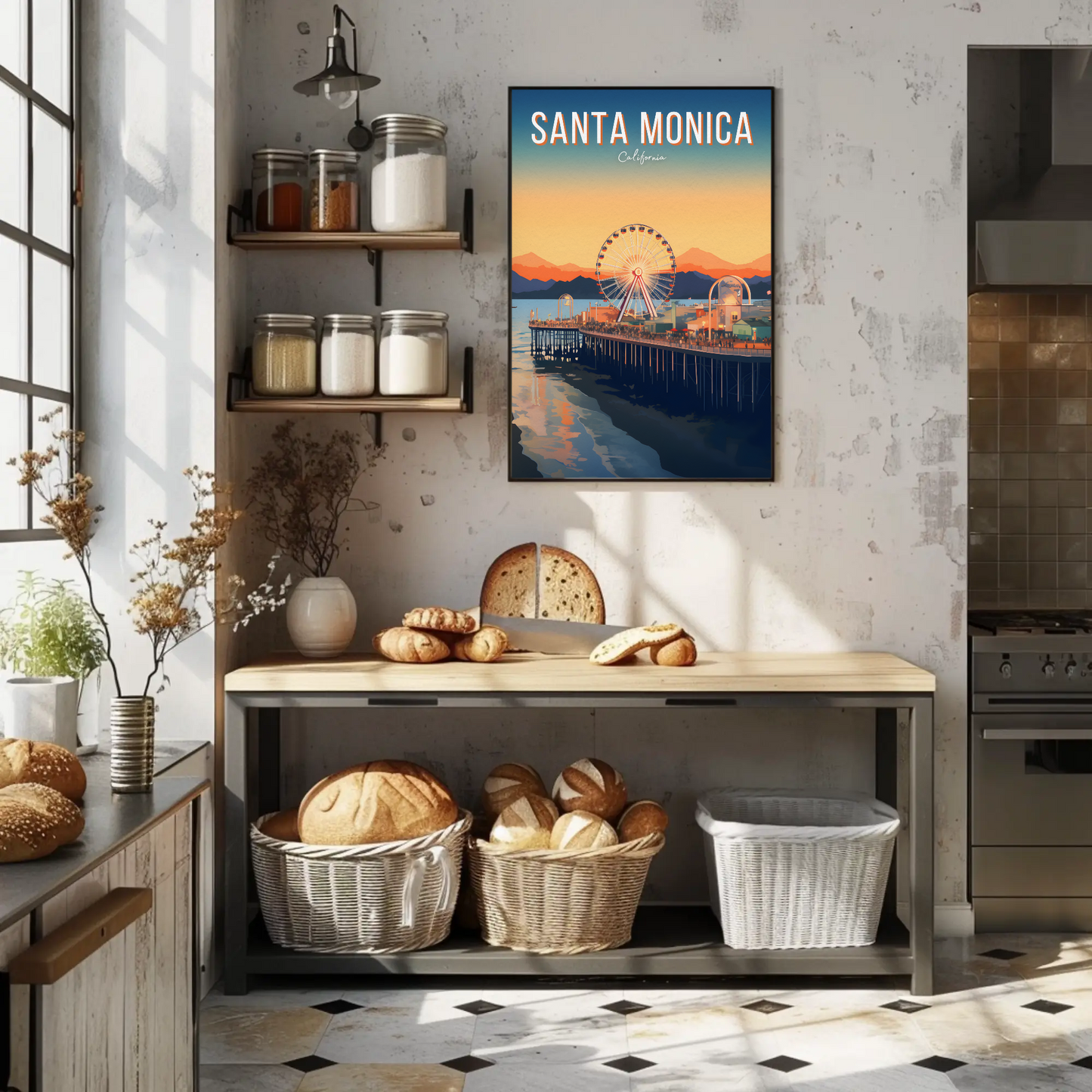 Santa Monica California Pier Sunset Ocean Ferris Poster