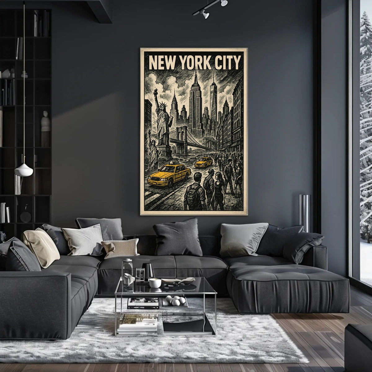 New York City Poster Vintage Travel Skyline Sketch Wall Art
