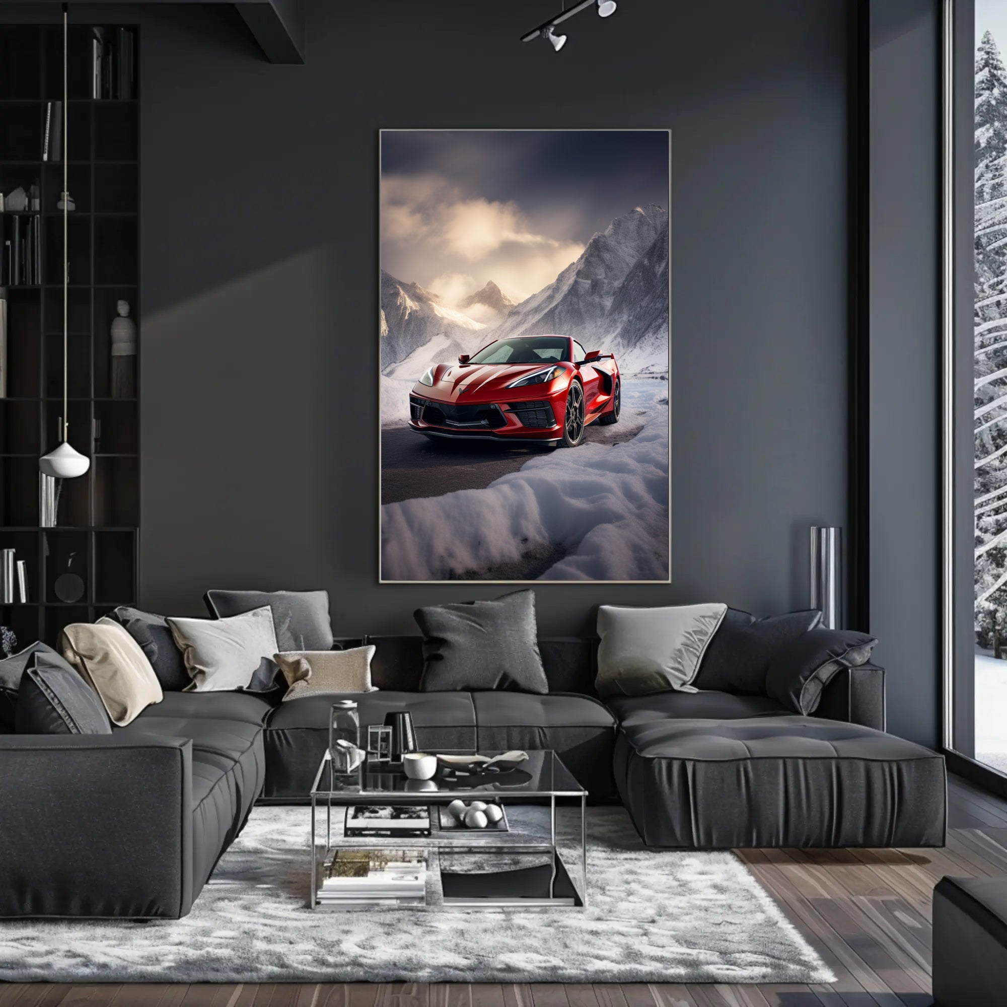 Red Sports Car in Snowy Mountains Poster PosterGoat