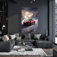 Red Sports Car in Snowy Mountains Poster PosterGoat