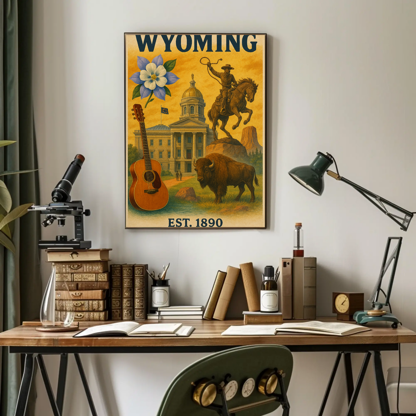 Wyoming Capitol Rodeo Guitar Bison Flower Vintage Travel Poster
