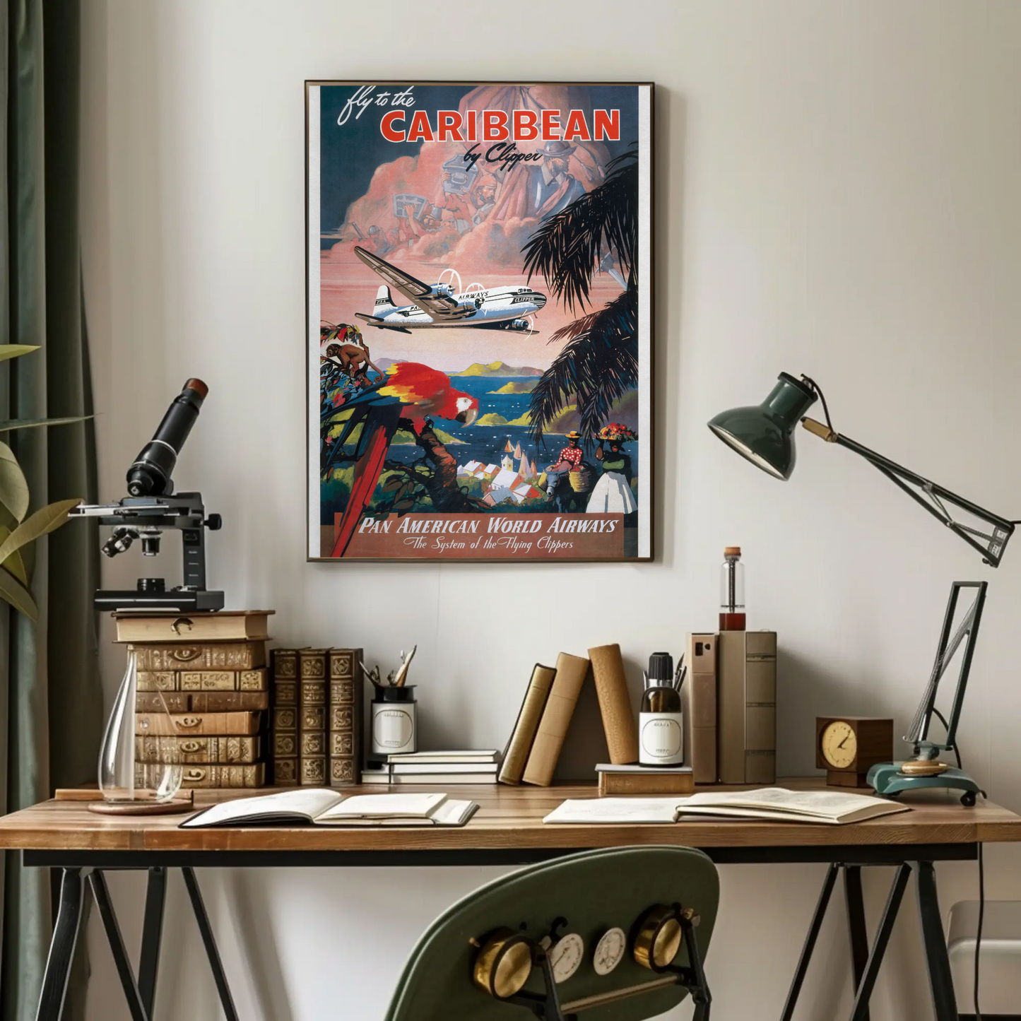 1940s Fly to the Caribbean Vintage Style Tropical Travel Poster