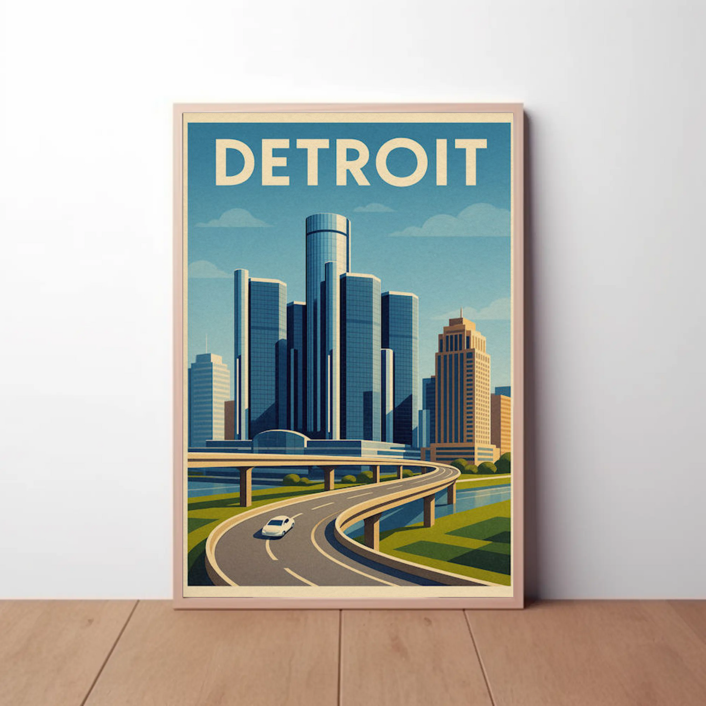 Detroit Highway View Modern Skyline Travel Poster