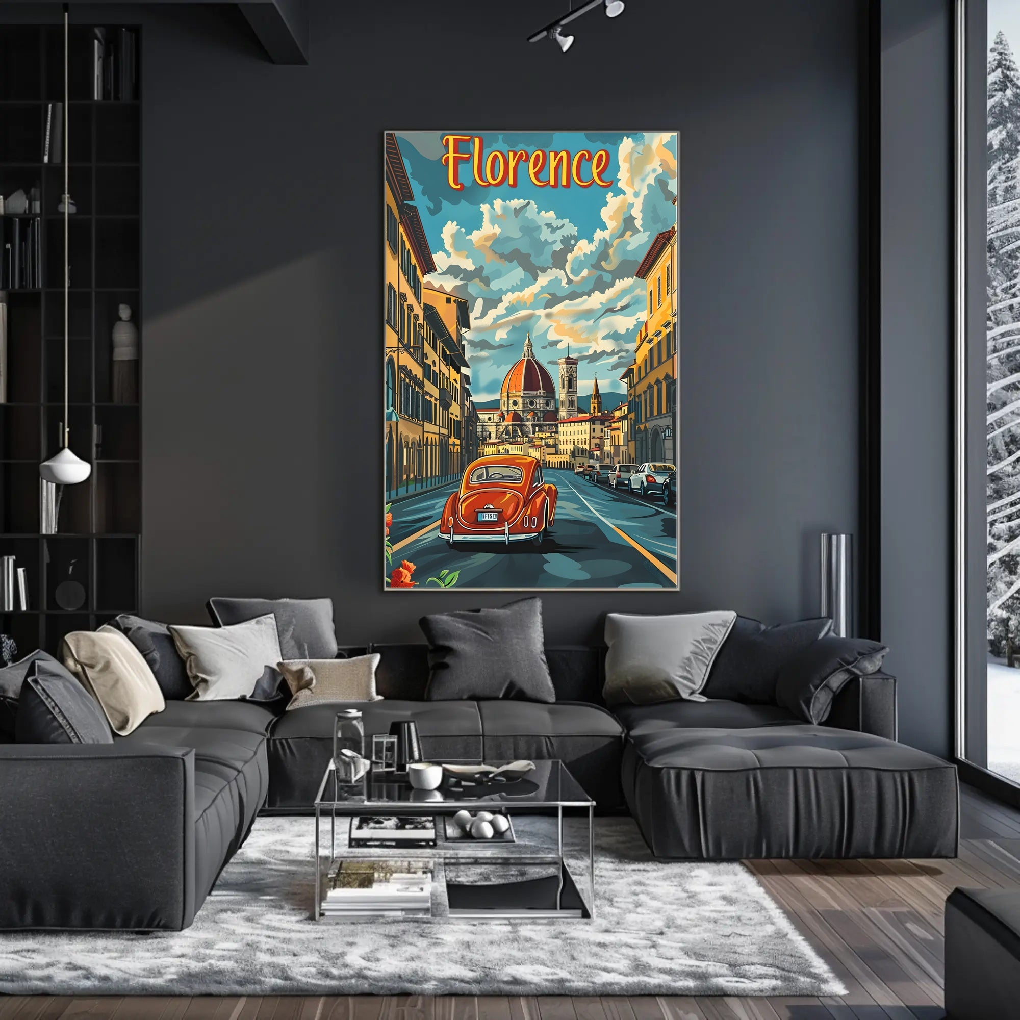 Florence Cathedral scene with vintage car poster
