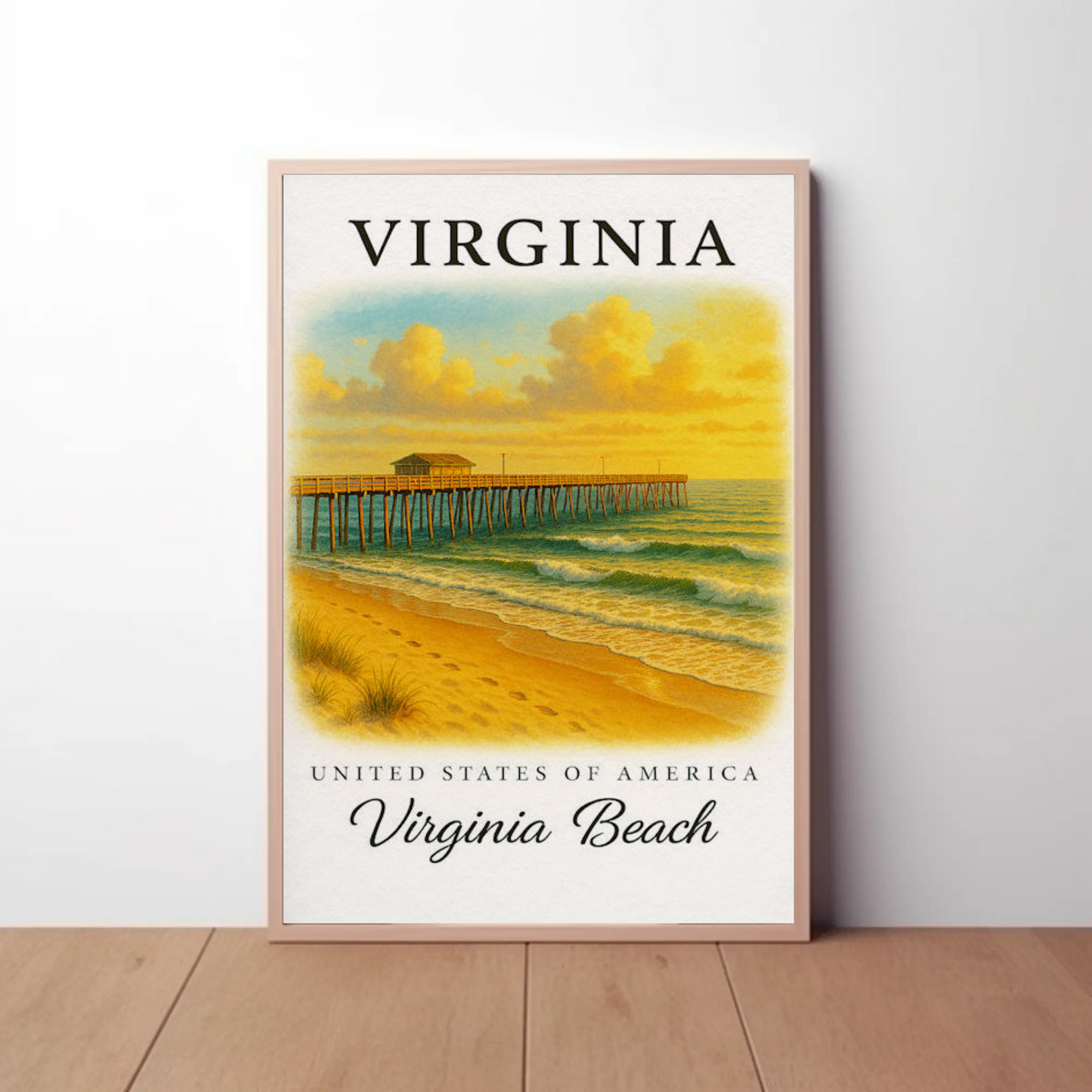 Virginia Beach Pier Ocean Sunset Classic Seaside Travel Poster