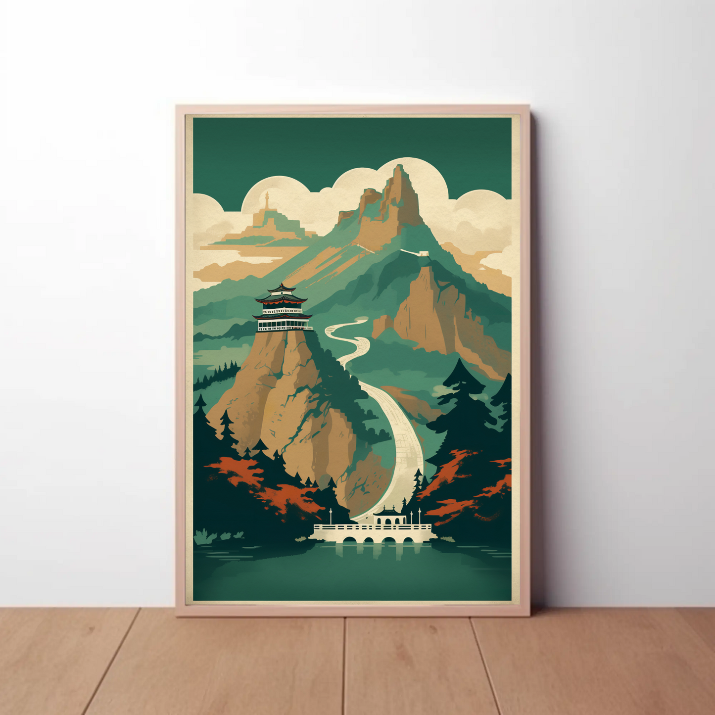 Chinese Mountain Temple Path Scenic View Travel Poster