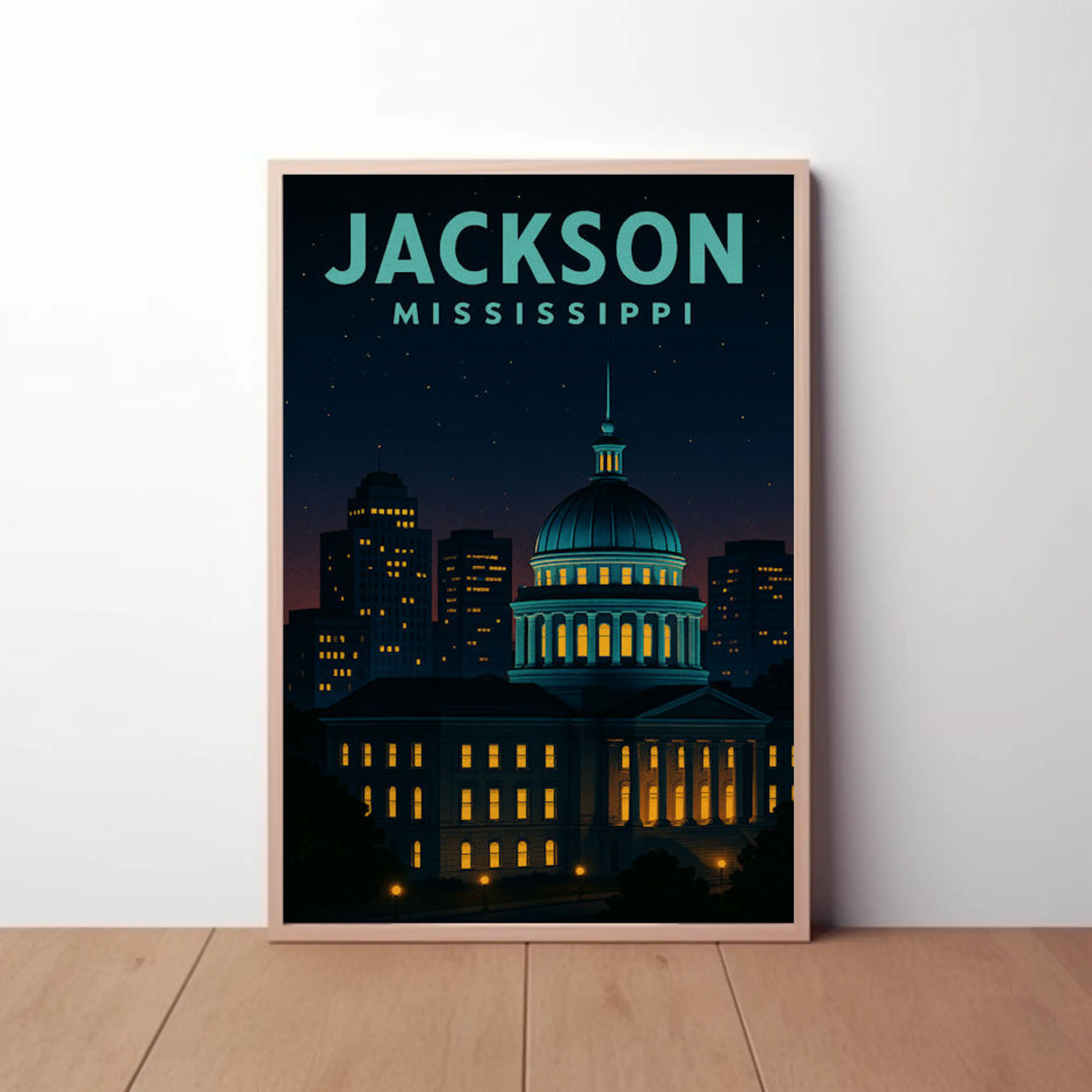Jackson Mississippi Capitol Dome Night View Travel Poster
