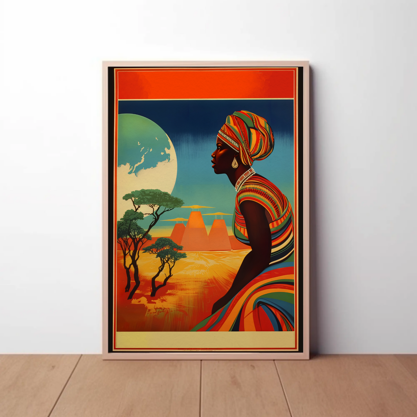 African Woman Desert Moon Landscape Travel Poster