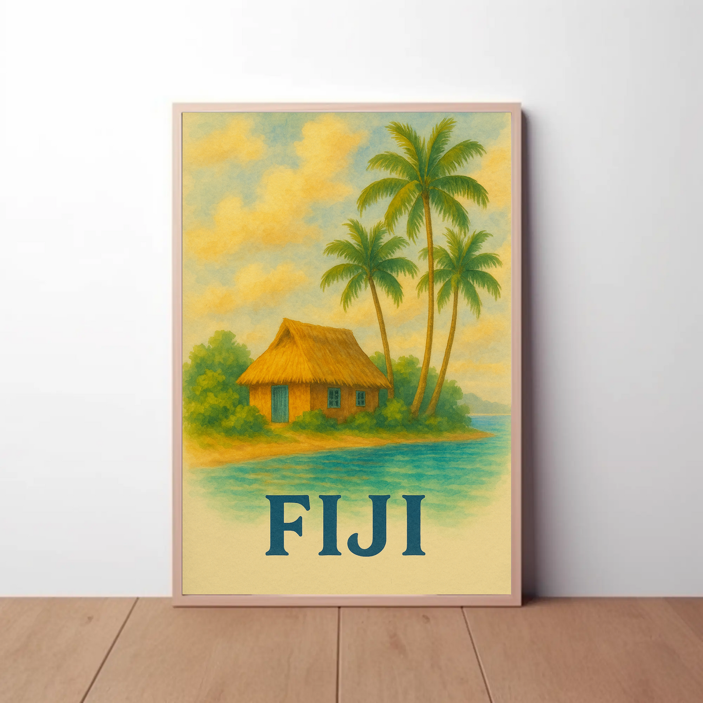 Fiji Tropical Hut Coastline Travel Poster