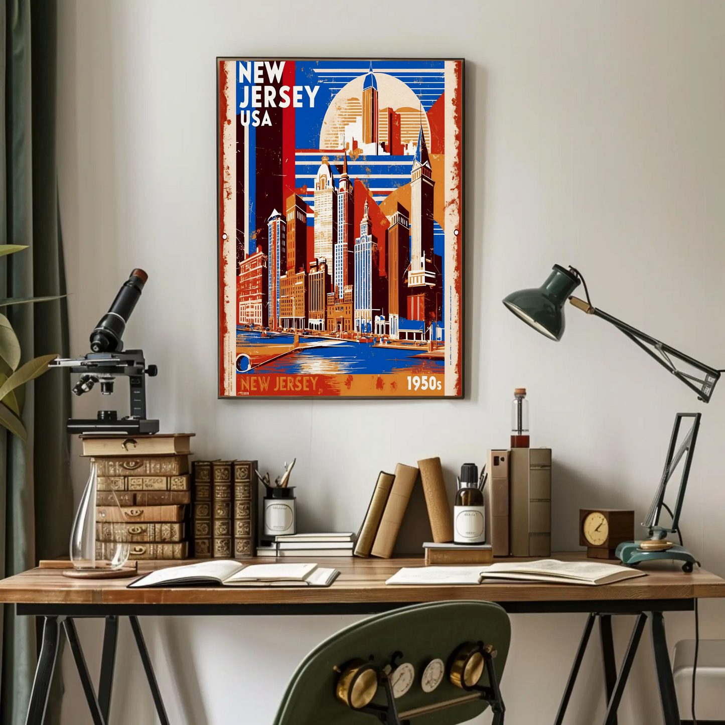 New Jersey USA 1950s Waterfront Skyline Vintage Travel Poster