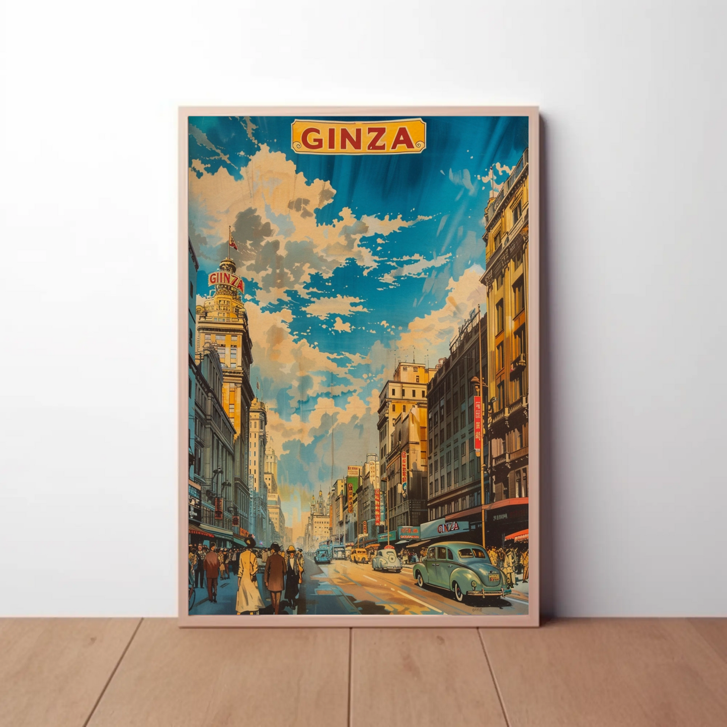 Ginza Tokyo Vintage Crowd Skyline Travel Poster