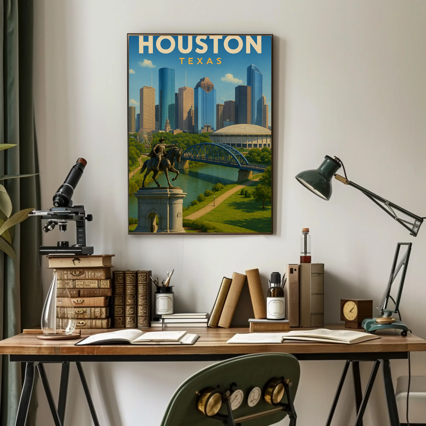 Houston Texas Skyline River Monument Vintage Travel Poster