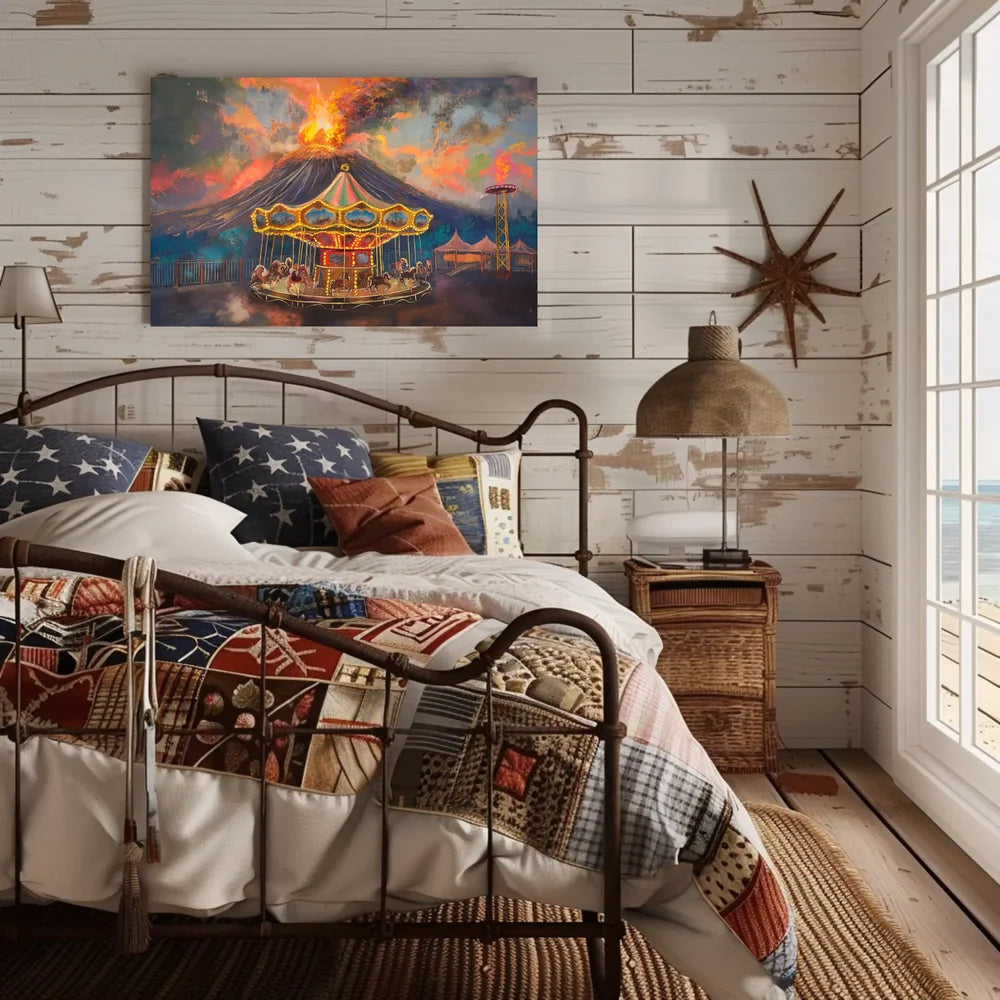 Surreal Carousel and Volcano Imaginative Art Poster
